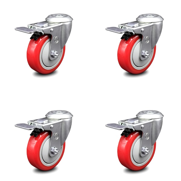 Service Caster 4 Inch Red Polyurethane Swivel Bolt Hole Caster Set with Total Lock Brake SCC SCC-BHTTL20S414-PPUB-RED-4 - main